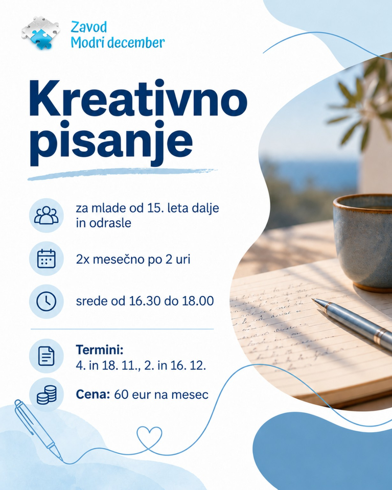Kreativno pisanje / Zavod Modri december / 2x mesečno po 2 uri